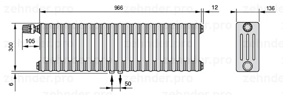 Схема (чертеж) Радиатор Zehnder Charleston 4030/21 №V007 Белый глянцевый RAL 9016